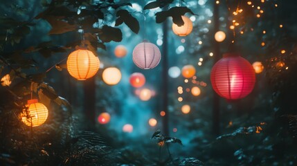 Colorful lanterns illuminate a serene forest path during twilight in an enchanting natural setting