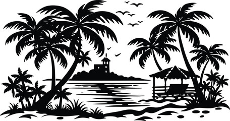 Tropical Beach Scene Silhouette with Palm Trees and Ocean View – Vector Illustration