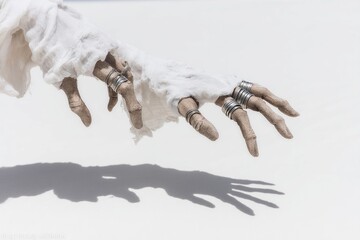 Hand of horror figure with gauzy sleeves and silver rings against a stark white background creating an eerie shadow.