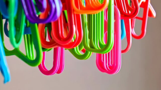 Hanging colorful plastic hooks in a group, arranged randomly, creating a vibrant abstract pattern with bright colors and soft light.