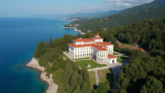 Aerial View of Livadia Palace - located on the shores of the Black Sea in the village of Livadia in the Yalta region of Crimea. Livadia Palace was a summer retreat of the last Russian tsar Nicholas II
