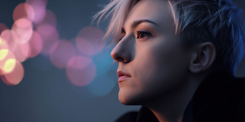 A young adult non-binary person with short platinum hair gazes thoughtfully into the distance, illuminated by soft, colorful bokeh lights creating a dreamy atmosphere
