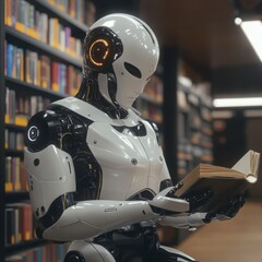 A White Robot Studying a Historical Book In A Dim Library