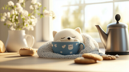 Adorable Puppy Cartoon 3D Render of a Sleepy Pup Snuggling in a Teacup