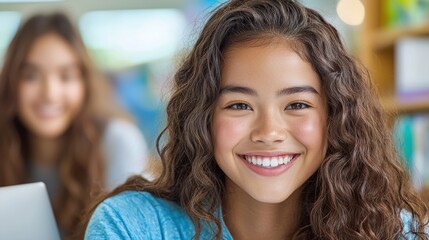 Discuss Analyzing Business Concept, A smiling girl with curly hair in a bright, colorful environment, displaying happiness and engagement.