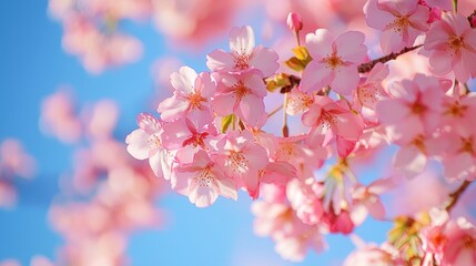 Obraz premium A close-up of pink cherry blossom petals against a bright blue sky