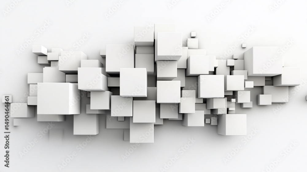 Poster abstract geometric pattern of clustered white cubes. a chaotic, yet organized arrangement of various