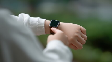 A close-up of a person's hand wearing a smartwatch, showcasing the modern design and technology of wearable devices in a natural outdoor setting.