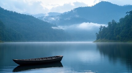 Fototapeta premium Lonely boat drifting in serene fog-covered lake at dawn near mountainous landscape
