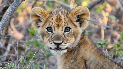 Enchanting Close-Up of a Lion Cub's Face in the Lush African Savannah
