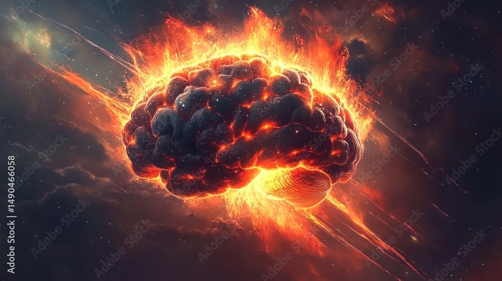 Poster fiery brain exploding in cosmic void. intense energy radiating from a burning, detailed brain model 