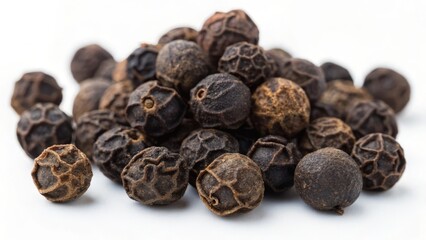 Dried black pepper berries piled together on a white background.