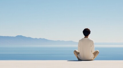 A person sits peacefully on a ledge, gazing out at the vast ocean and distant mountains