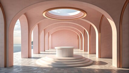 Elegant architectural rendering featuring arches and a podium with a sky view design