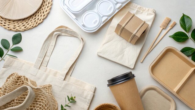 Still Life of Eco Friendly Daily Essentials in Recycled Paper on Wood Surface