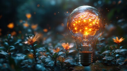 Creative light bulb with brain design glows among flowers in a magical garden at twilight