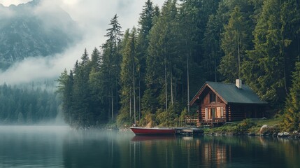 Fototapeta premium Cozy cabin by the misty lake surrounded by tall evergreen trees at dawn