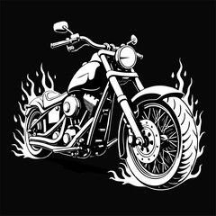 Vector black and white t-shirt design with biker motorcycle
and fire on black background.
Fashionable print for fabric, paper, men clothing,
hoodie, biker jacket. T shirt template with flame.