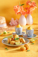 Delicious and fresh lemon macarons made of citrus and sugar.