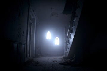 Eerie hallway with glowing ghost figures.