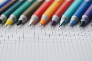 Fototapeta premium Colorful pens on graph paper artistic design supplies creative tools close up