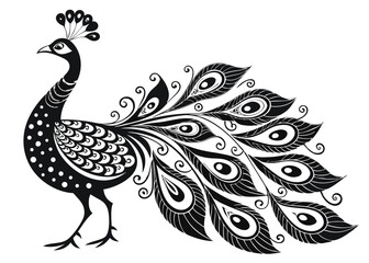 Naklejka premium Stylized Black and White Peacock Vector – Ornamental Bird Silhouette