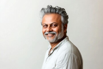 Obraz premium Elegant men's slicked back haircut - midlife indian man with curly hair. A classy midlife man with a timeless look. Pattern of style for aging men. Pure white solid background.