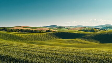 Expansive green hills under a clear sky on a sunny day in a rural landscape
