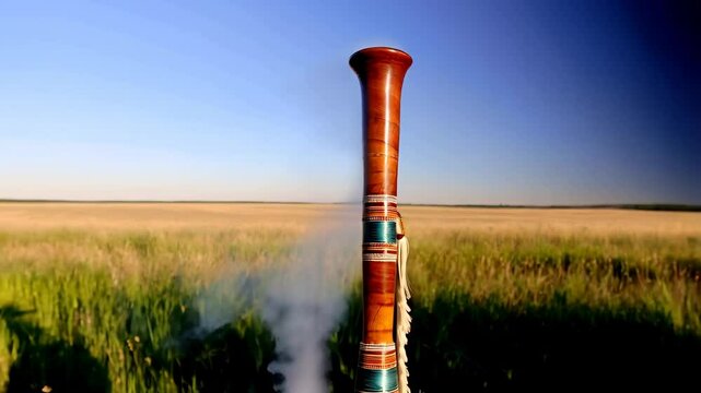 Long wooden didgeridoo with patterned decoration standing upright in grassy field under blue sky during daytime