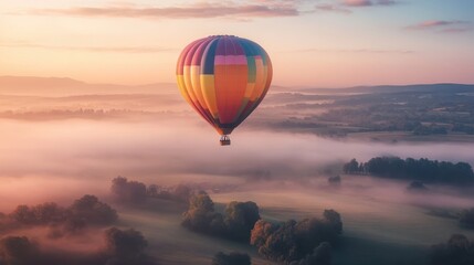 Obraz premium Colorful hot air balloon floats over misty hills at sunrise in a serene landscape