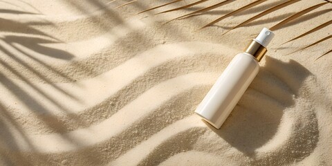 Sun Protection Spray Bottle on Sandy Beach Summer Skincare Essentials