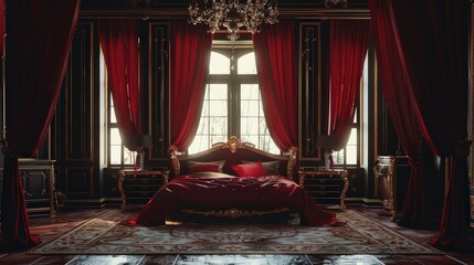 A luxurious bedroom with red curtains and a large bed under a chandelier in a dark room setting
