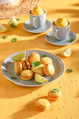 Tasty and homemade lemon macarons made of meringue and fruit.