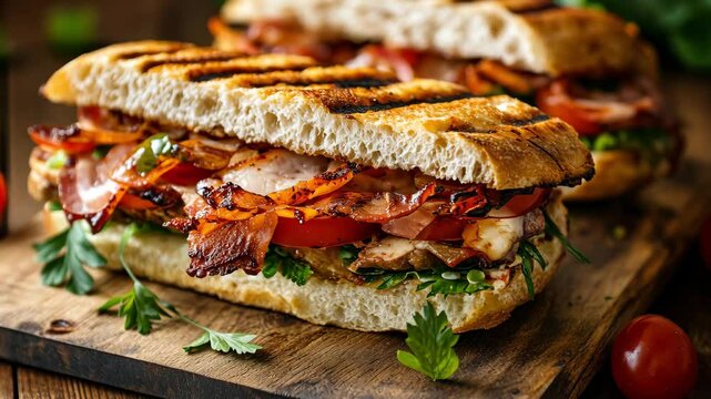 Grilled panini sandwich with crispy bacon, fresh tomatoes, greens and chicken on a rustic wooden board.
