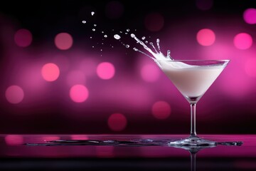 Elegant martini glass splash with vibrant pink bokeh background beverage celebration