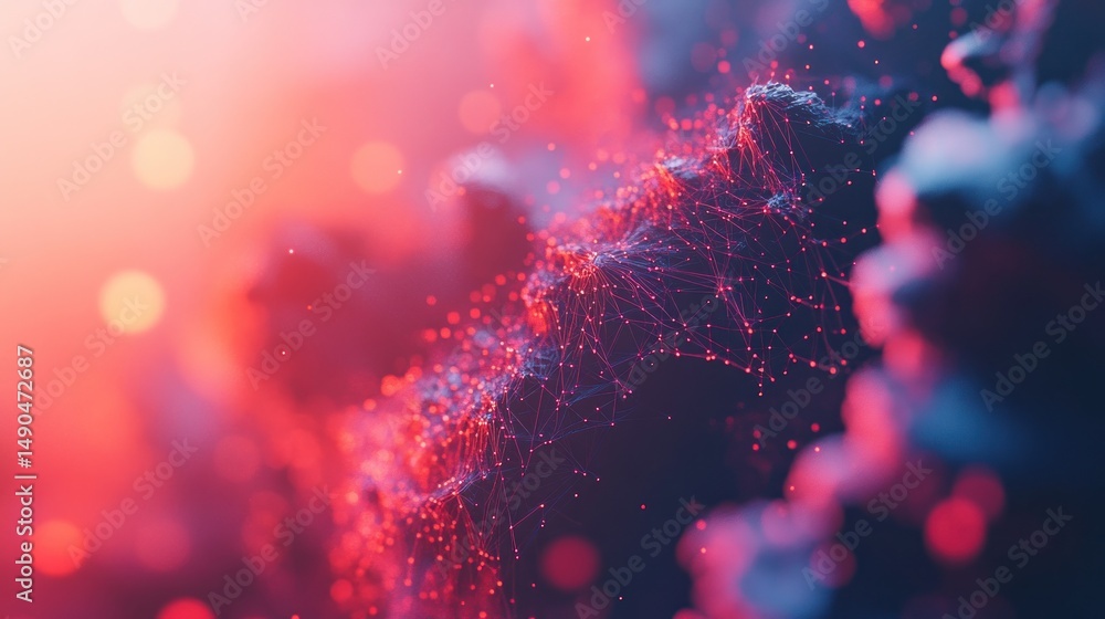 Poster abstract digital landscape with glowing particles and connecting lines. deep red and blue tones