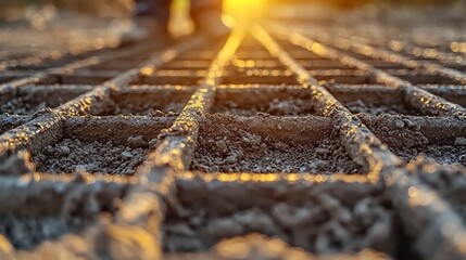 Obraz premium Grid of metal, cement, sunset blurred background