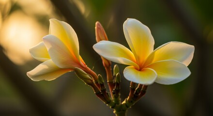 Closeup of Two Yellow and White Plumeria Flowers in Soft Sunlight