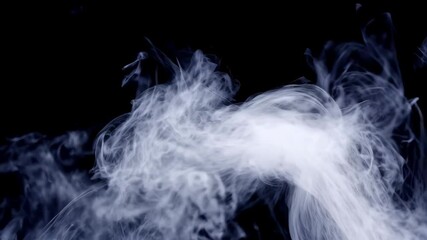 Abstract smoke swirls on black backdrop, ethereal clouds moving gently, wispy vapors rising in slow motion, ghostly patterns, delicate textures, and atmosphere.