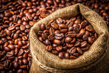 Close-up of coffee beans in a sack