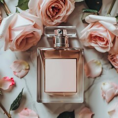 Elegant perfume bottle surrounded by soft pink roses on marble background