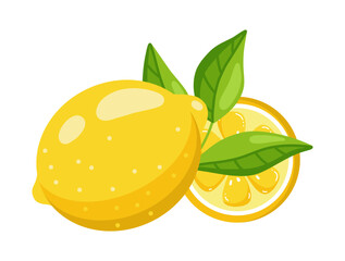 Bright Lemon with Green Leaf and Slice, Flat style