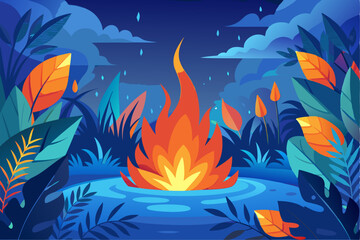 A surreal and vibrant autumn tree glowing at the center of a calm forest, reflected symmetrically in a tranquil lake with soft ripples. This dreamy fantasy landscape is painted in an expressive oil pa