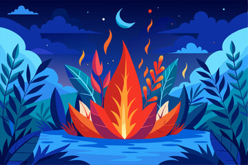 A surreal and vibrant autumn tree glowing at the center of a calm forest, reflected symmetrically in a tranquil lake with soft ripples. This dreamy fantasy landscape is painted in an expressive oil pa