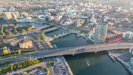 Aerial view on Lagan River and buildings in City centre of Belfast Northern Ireland. Drone photo, high angle view of town