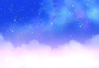 キラキラと輝く星空と雲　背景イラスト　青　紫　夜空	