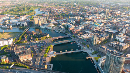 Aerial view on Lagan River and buildings in City centre of Belfast Northern Ireland. Drone photo, high angle view of town