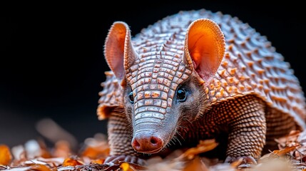 Obraz premium Close-up of a nine-banded armadillo amidst fallen leaves, showcasing its detailed shell and expressive face