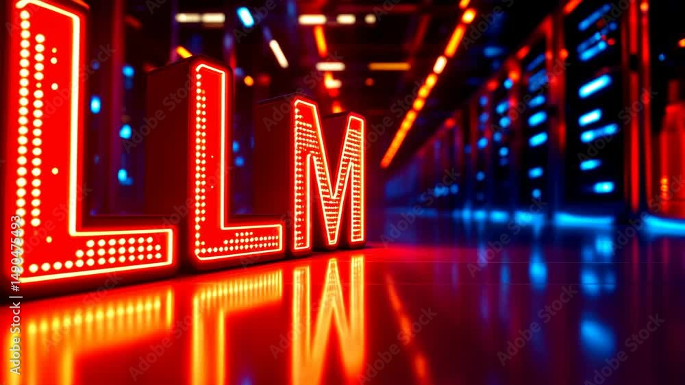 Poster large language model glowing red neon letters futuristic server data center, artificial intelligence
