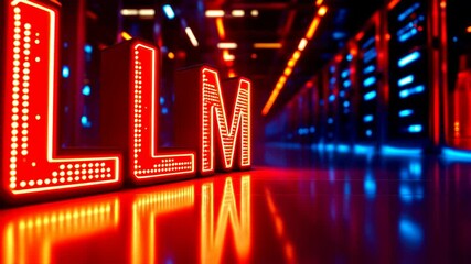 Large language model glowing red neon letters futuristic server data center, artificial intelligence technology innovation, digital network - Powered by Adobe
